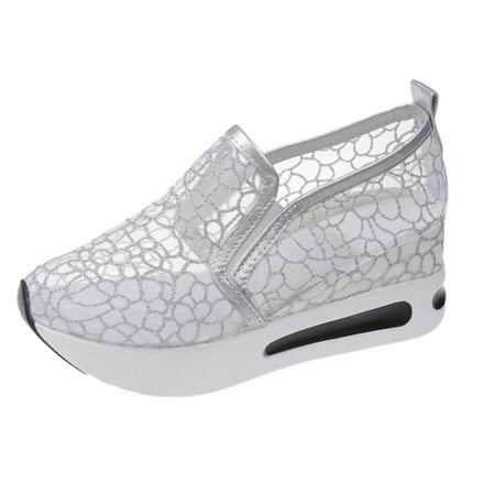 DVKOVI Womens Comfort Shoes Womens Platform Shoes Ladies Fashion Breathable Mesh Sequin Thick Sole Sloping Heel Casual Rocking Shoes Womens Slip On Sneakers Silver 40