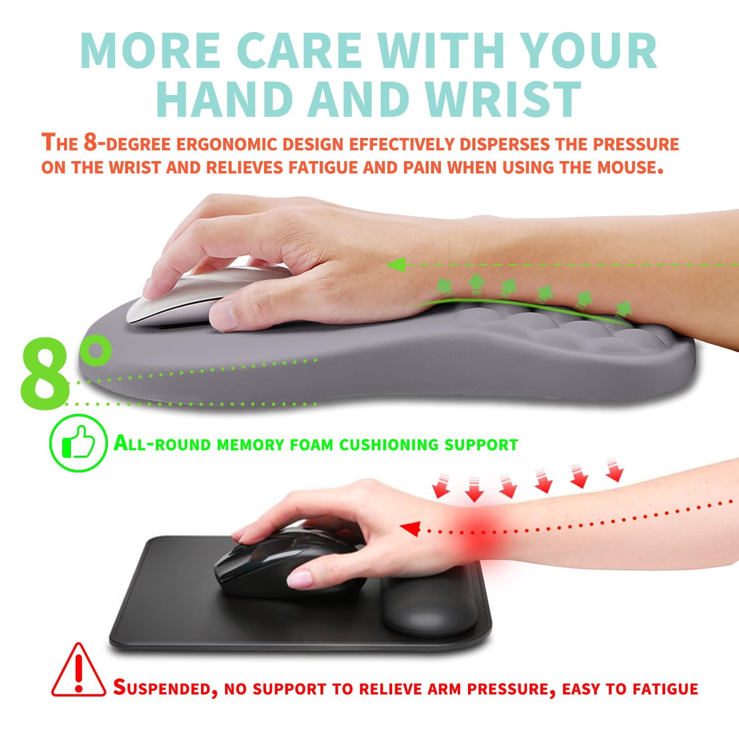 Mouse Pad Wrist Support With Memory Foam Massage Bulge  Carpal Tunnel Mousepad Rest For Mouse(12x8 Inch Gray Light Purple)