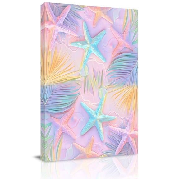 Canvas Wall Art, Summer Pink Romantic Beach Framed Canvas Prints for Kitchen Bedroom, Tropical Leaf Ocean Starfish Small Gallery Wrapped Wall Decor for Home Office, Gifts, 8"x12" Ship Next Day