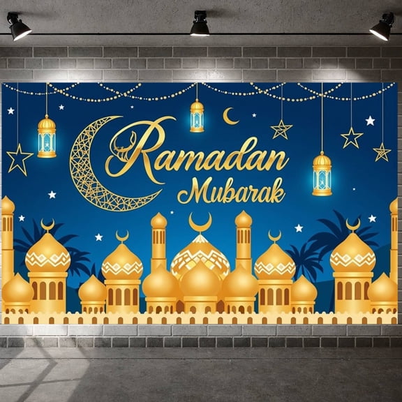 Golden Crescent Ramadan Banner Blue Background Mubarak Display Decorative Lanterns Islamic Mosque Crescent Moon Backdrop for Ramadan Celebration Islamic Festival Family Gathering