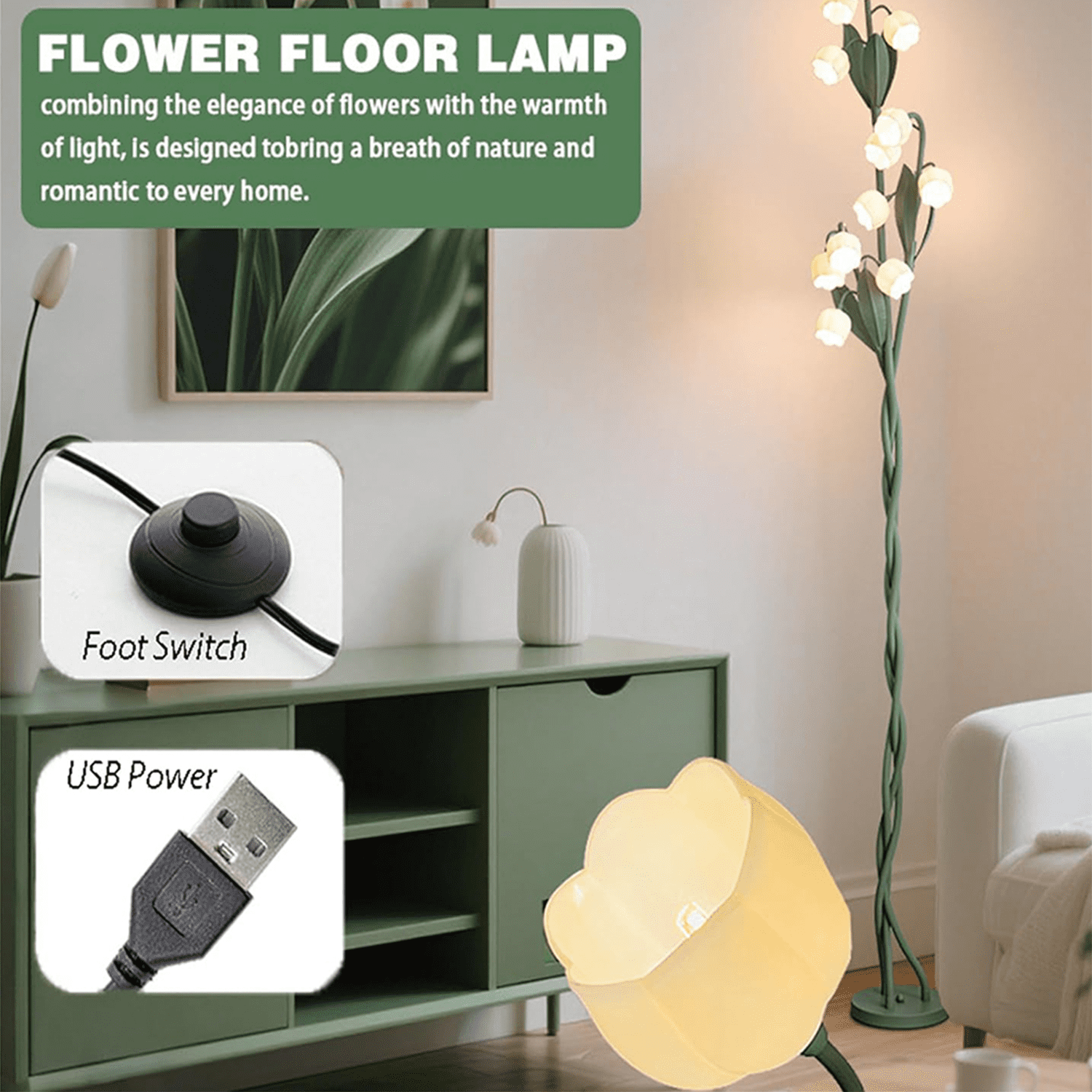 12 Heads Flowers Floor Lamp: Adjustable Lily of the Valley Light with 3 Bendable Stems - Retro Vintage Style 63-Inch Tall Floor Lamp for Living Room - Plug In Ready with Cream Bulb