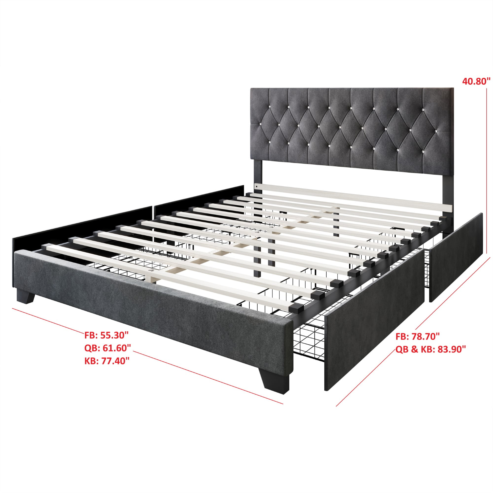 Home Design Sheffield Full Tufted Upholstered Storage Platform Bed Frame with Diamond Button-Tufted Headboard and Four Under-Drawers, Dark Gray, Easy Assembly