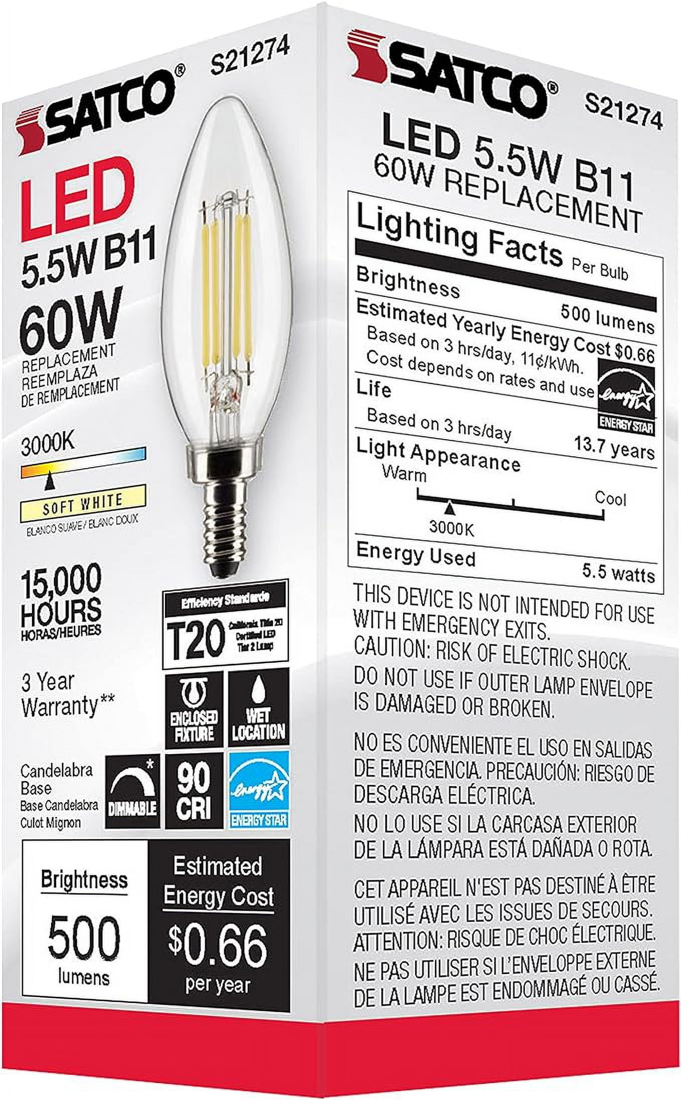 SATCO S21274 5.5W B11 90 CRI 3000K 120V LED Candelabra Base Bulb, Clear (6 Pack)