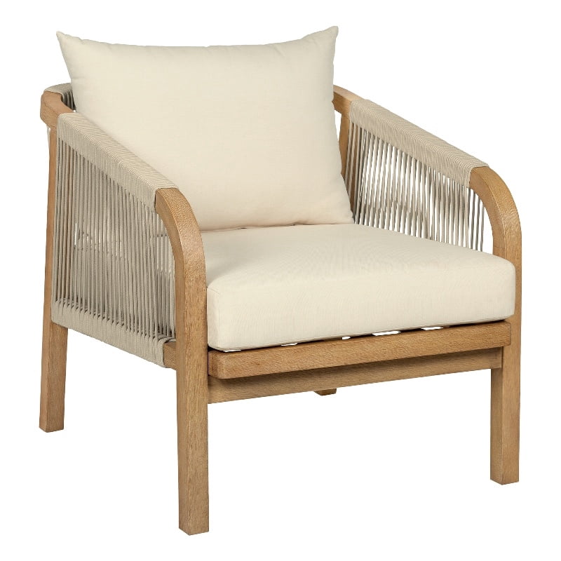 Cypress Outdoor Patio Chair in Eucalyptus Wood and Gray Rope with Ivory Cushions