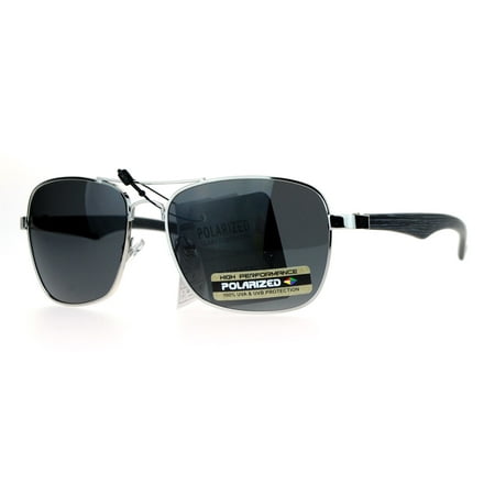 SA106 Wood Grain Arm Mens Polarized Antiglare Lens Rectangular Aviator Sunglasses Silver Black
