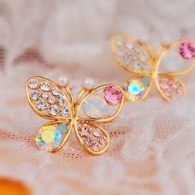Guardurnaity 1 par de pendientes de mariposa con diamantes de imitación de colores, pendientes de perlas ahuecados, pendientes de cristal para Ropa, zapatos y accesorios Miscelánea