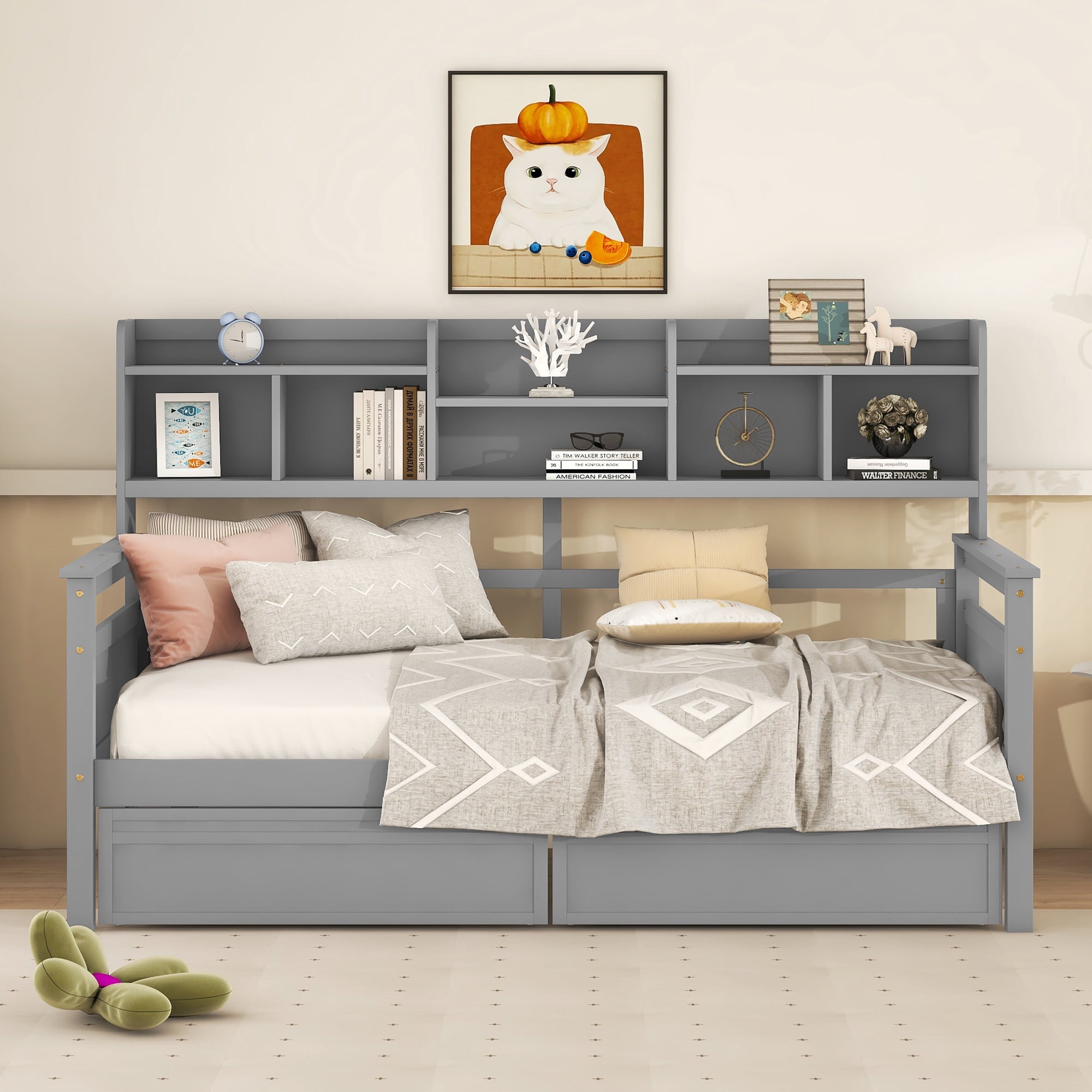Euroco Wood Twin Size Platform Bed with 2 Drawers, Captain Bed with Storage Shelves, Gray