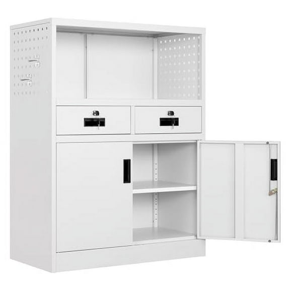 Yizosh Locking Cabinet with 2 Drawers, Metal Storage Cabinet with Locking Doors and Shelves - 41.3" Steel Lockable Storage Cabinet, Metal Cabinet for Home Office, Garage, School (White)