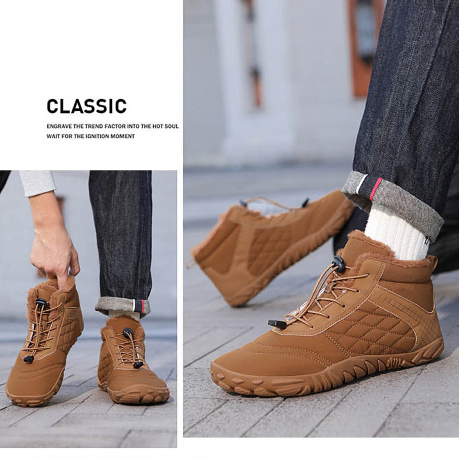 Ketyyh-chn99 Winter Barefoot Hiking Boots Golf Shoes Men's Women's Winter Barefoot Hiking Boots Warm Snow Boot Slip On Barefoot Boots Brown,14