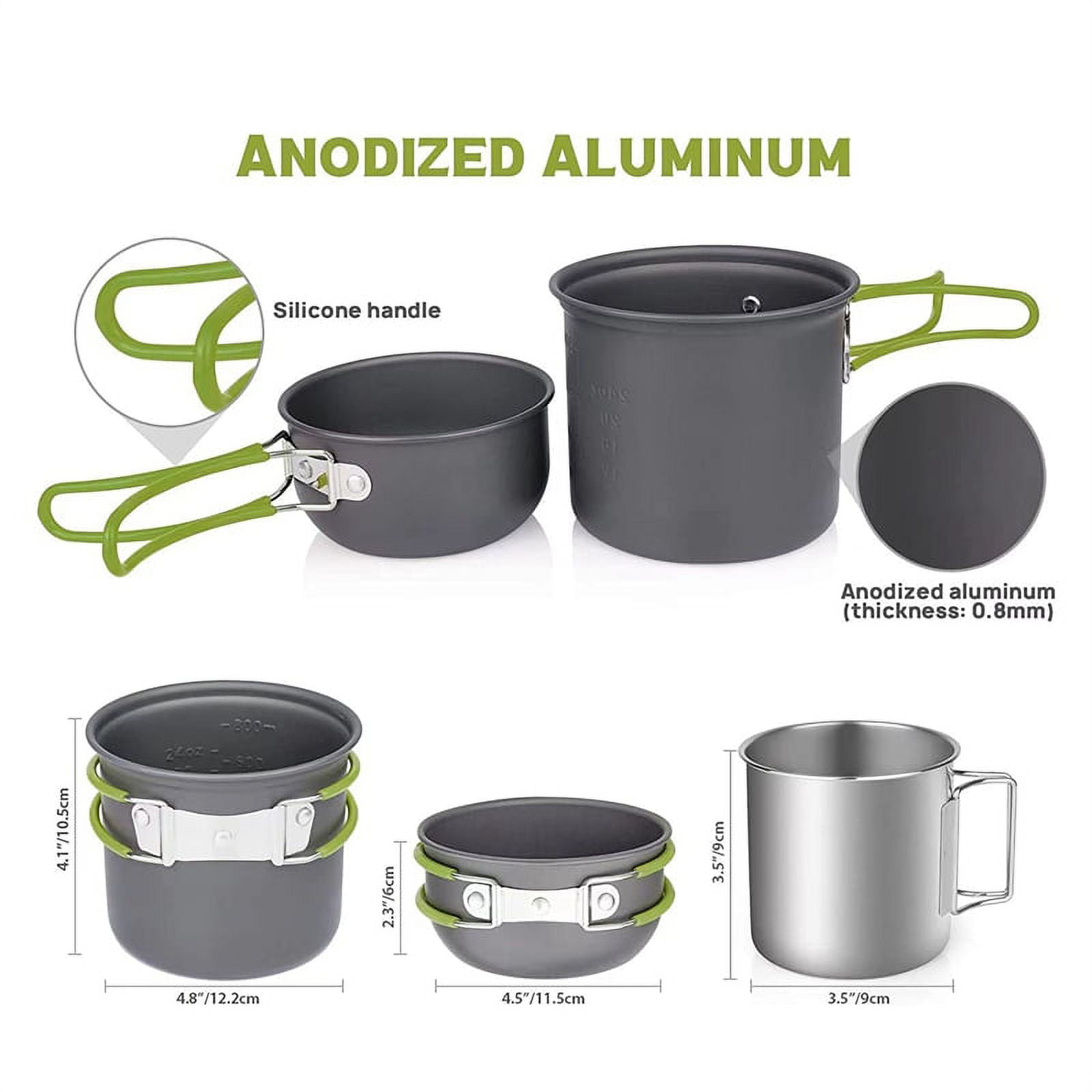 Camping Pot and Pan Set with Mini Backpacking Stove Cooking Gear for Outdoor Hiking Campfire Green