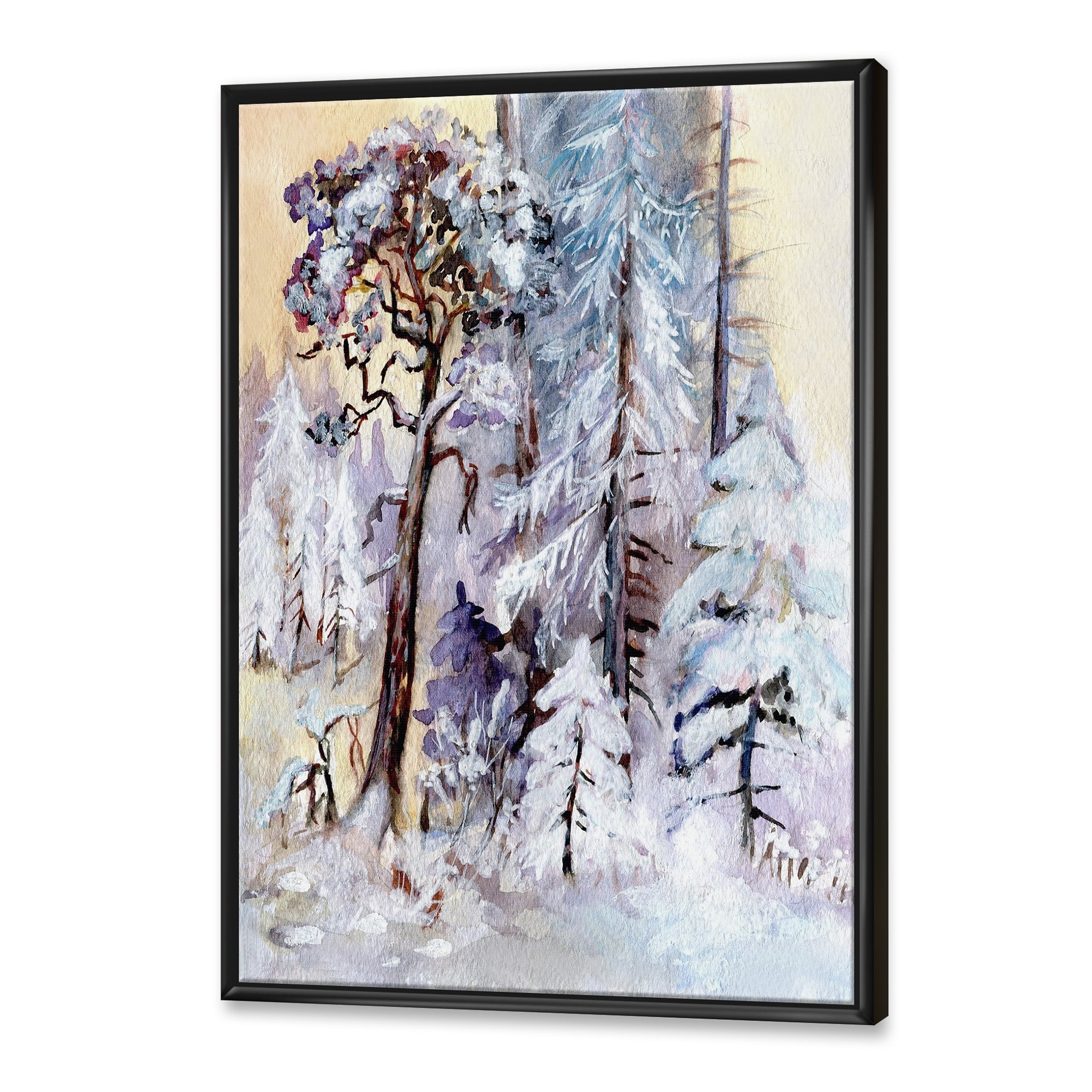 Designart 'The Lake With Winter Snowy Forest' Lake House Framed Canvas Wall Art Print