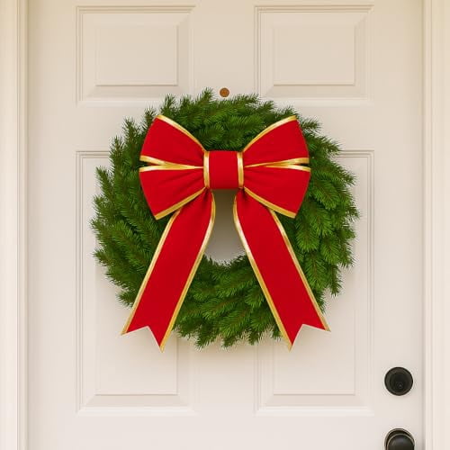 Christmas Designers 18in Red Velvet Christmas Bow with Gold Trim UV Protected Indoor Outdoor