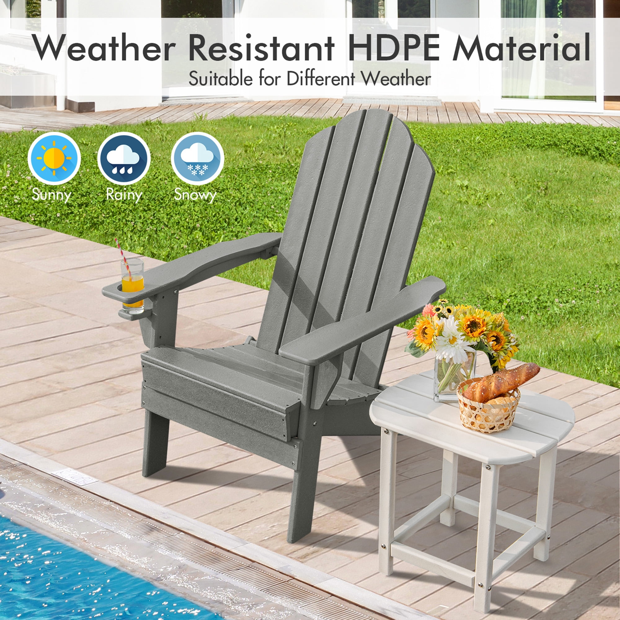 Gymax 2PCS Patio Folding Adirondack Chair Weather Resistant Cup Holder Yard Grey
