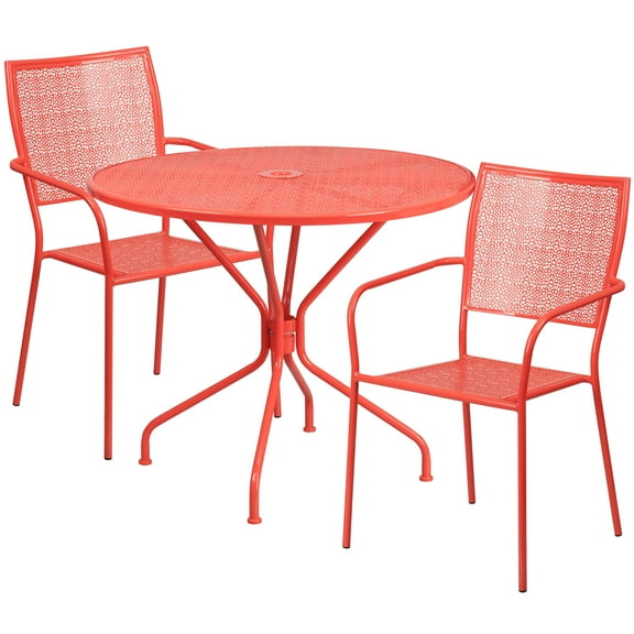 Flash Furniture Commercial Grade 35.25" Round Coral Indoor-Outdoor Steel Patio Table Set with 2 Square Back Chairs