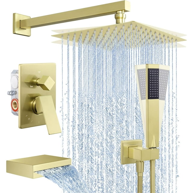 Brushed Gold Shower System with Tub Spout, Pressure Balanced Bath Tub Shower Faucet Set Complete with Valve, Shower System with Rain Shower Head with Handheld, XB6305F18-BZ