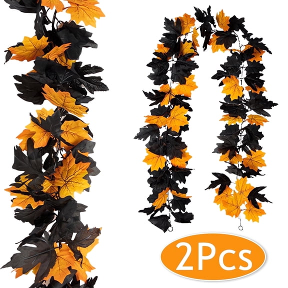 Thanksgiving Garlands Maple Leaf Vines Artificial Hanging Vines Decorations for Halloween Thanksgiving Home Party Supplies  2PCS Black&Yellow