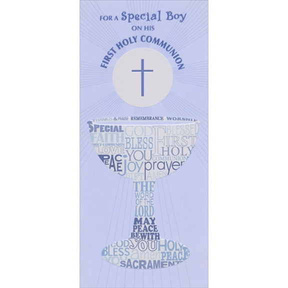 Designer Greetings Chalice Shape Filled with Words of Faith on Blue 1st / First Communion Gift Card or Money Holder Congratulations Card for Boy
