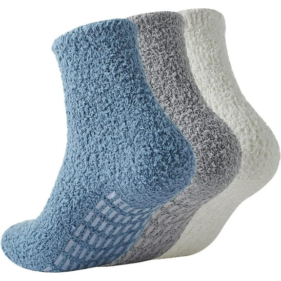 3 Pairs Women Slipper Socks, Non Slip Hospital Socks for Women, Warm Fuzzy Socks with Grips, Soft Coral Fleece Fluffy Socks, One Size Fit All