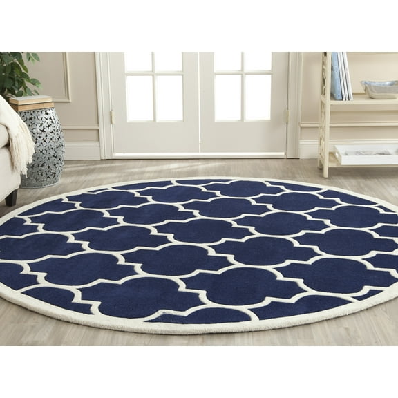SAFAVIEH Chatham Gavin Geometric Wool Area Rug, Dark Blue/Ivory, 4' x 4' Round