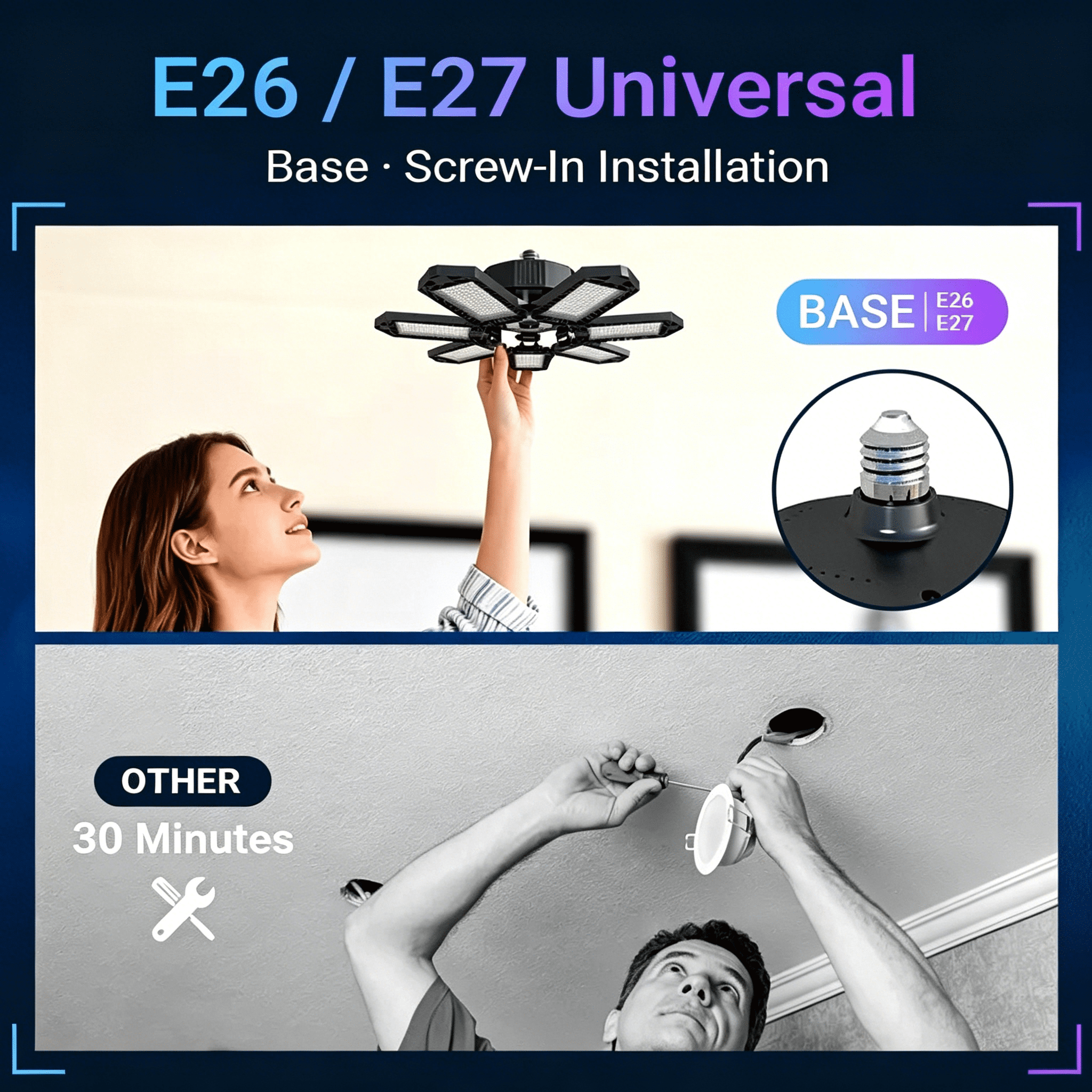 Foldable Garage Light Deformable Bright Shop Ceiling Bulb Lamps Barn Warehouse Garage Foldable 7+1 Panel Work Light  Easy Installation, 2 pack