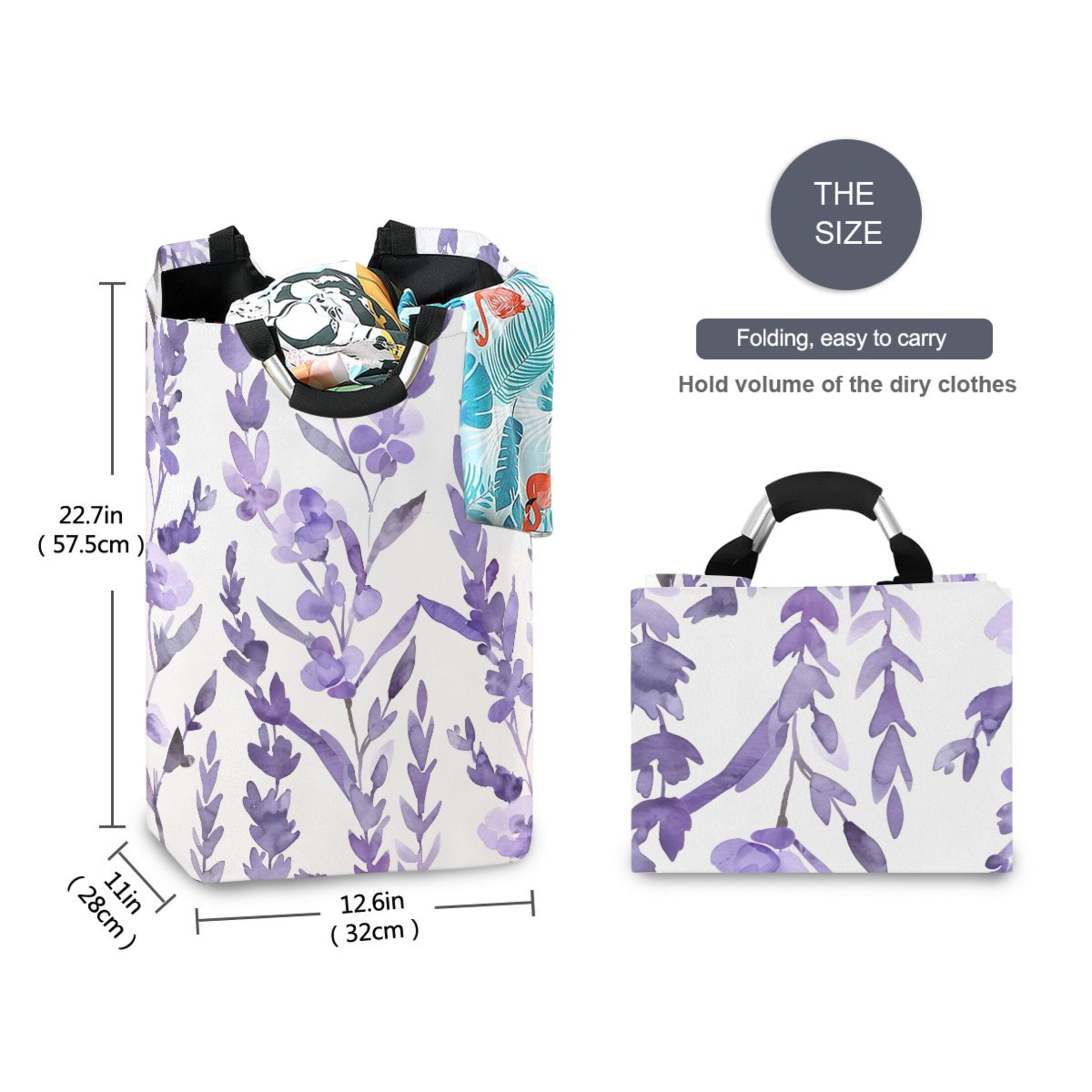 Lavender Watercolor Laundry Basket with Handles Foldable Laundry Hamper Freestanding Washing Bin 50L