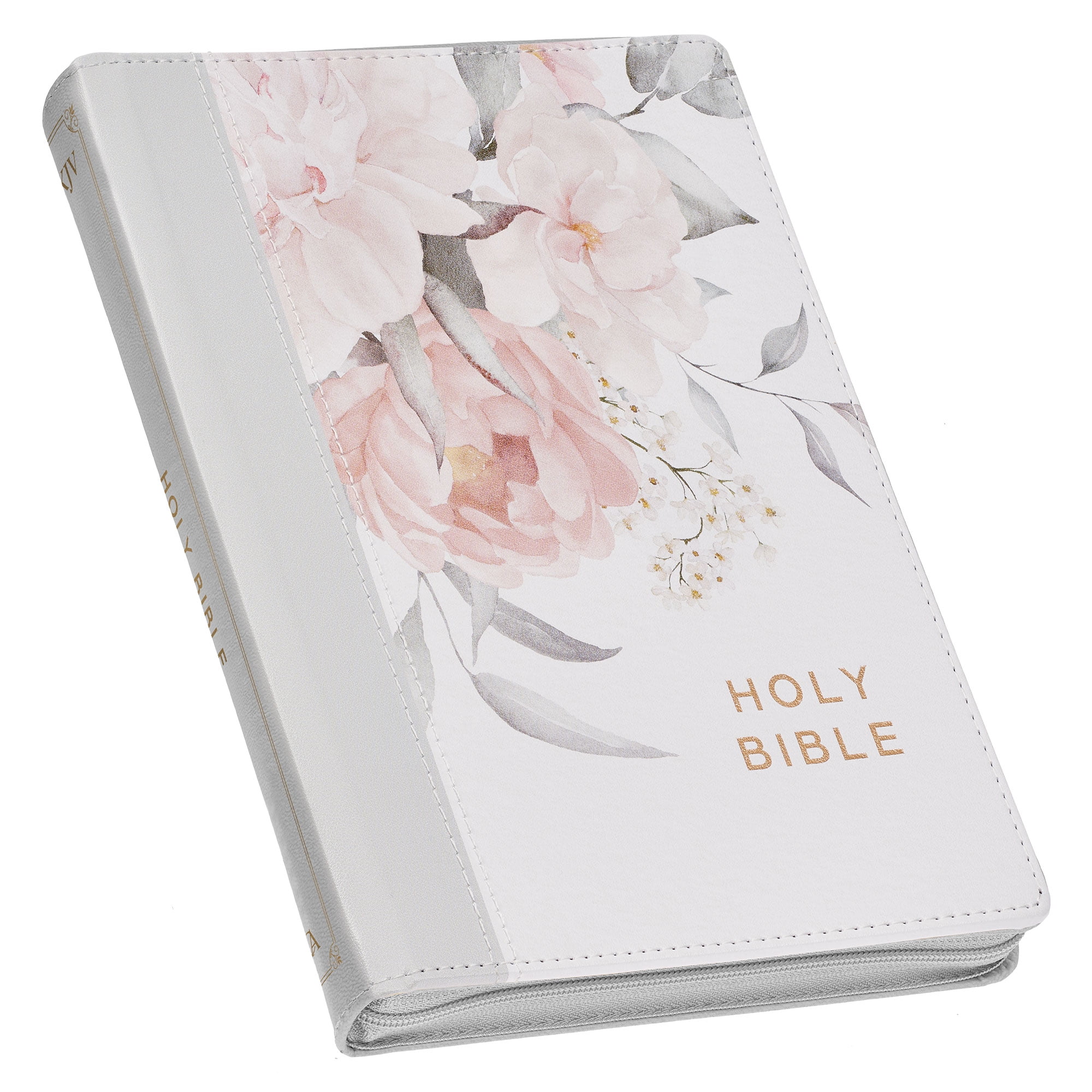 KJV Holy Bible, Deluxe Gift Bible with Thumb Tabs, Ribbon Marker, King James Version, Faux Leather, Frosty Gray and Pink Floral, Zipper Closure