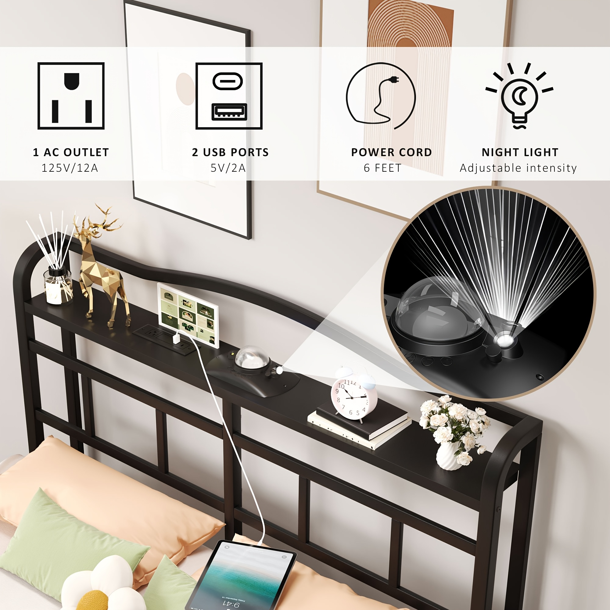 WANTAI Queen Bed Frame - Storage Headboard with Charging Station & Galaxy Aurora Projector, 14 Inch Sturdy Metal Platform Bed Frame No Box Spring Needed, Easy Assembly, No Noise, Black
