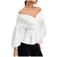thumbnail image 3 of Women'S Clothing, Womens Shirts, Stylish Long Sleeve Women's Top Off Shoulder Design with Bow Tie Waist Feminine Blouse for Casual and Formal Occasions, 3 of 6