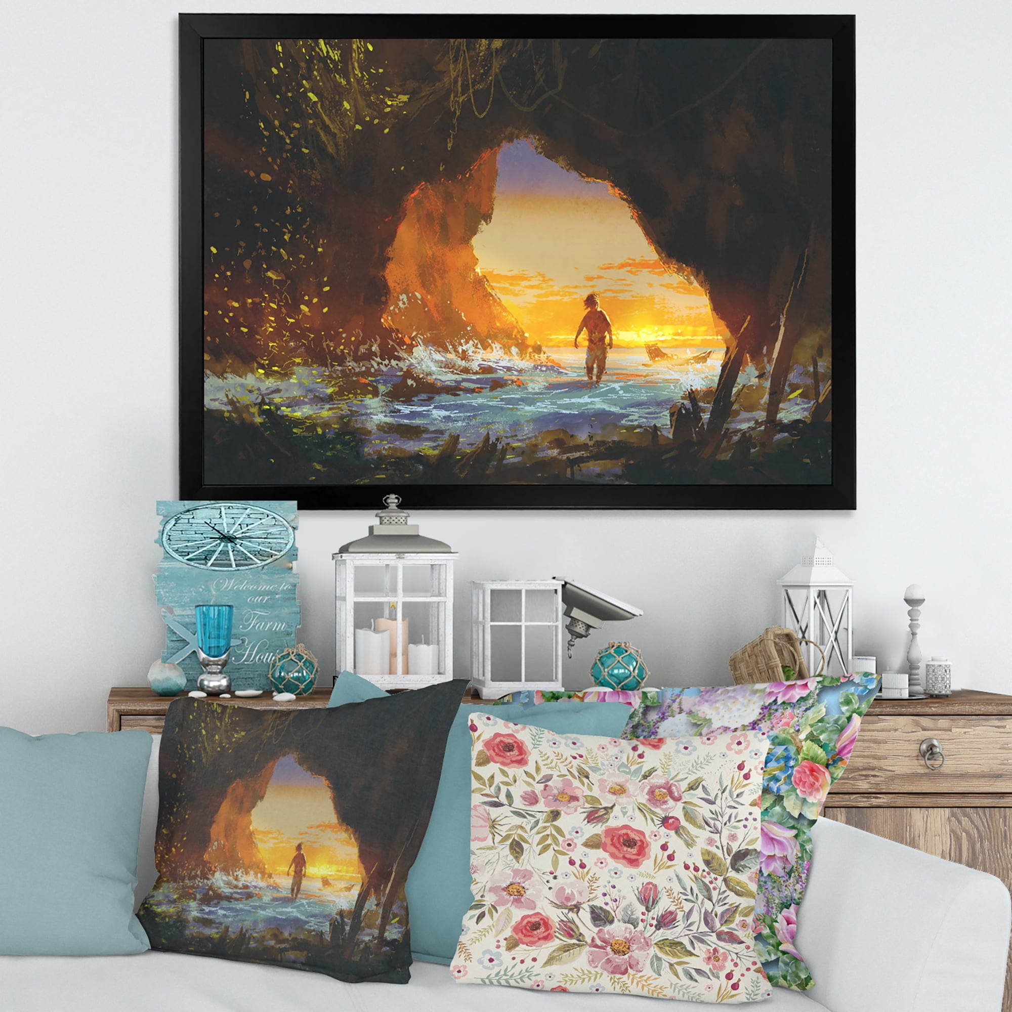 Designart 'The Sea Cave At Sunset With The Man Walking In' Nautical & Coastal Framed Art Print