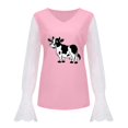 thumbnail image 4 of Mujeres Casual Vaca Impreso Cuello en V Encaje Empalme Manga larga Jersey Blusa Camiseta Tops Fridja hkj4334, 4 of 5