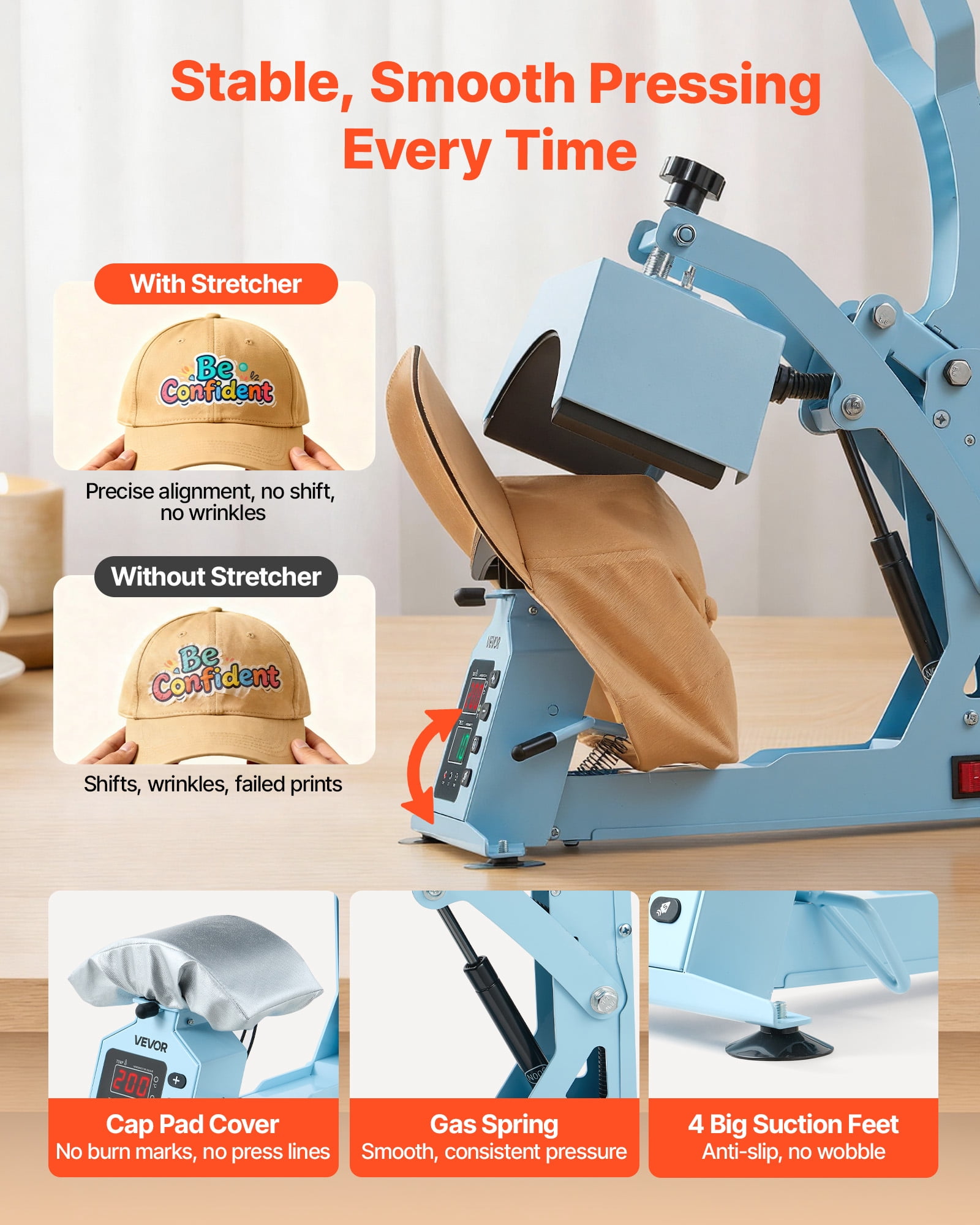 VEVOR Hat Heat Press Machine, with 2 Interchangeable Platens and Caps Stretcher, Precise Temperature & Time Control, Heat Press for Hats and Caps, for HTV Iron On and Sublimation Projects, Light Blue