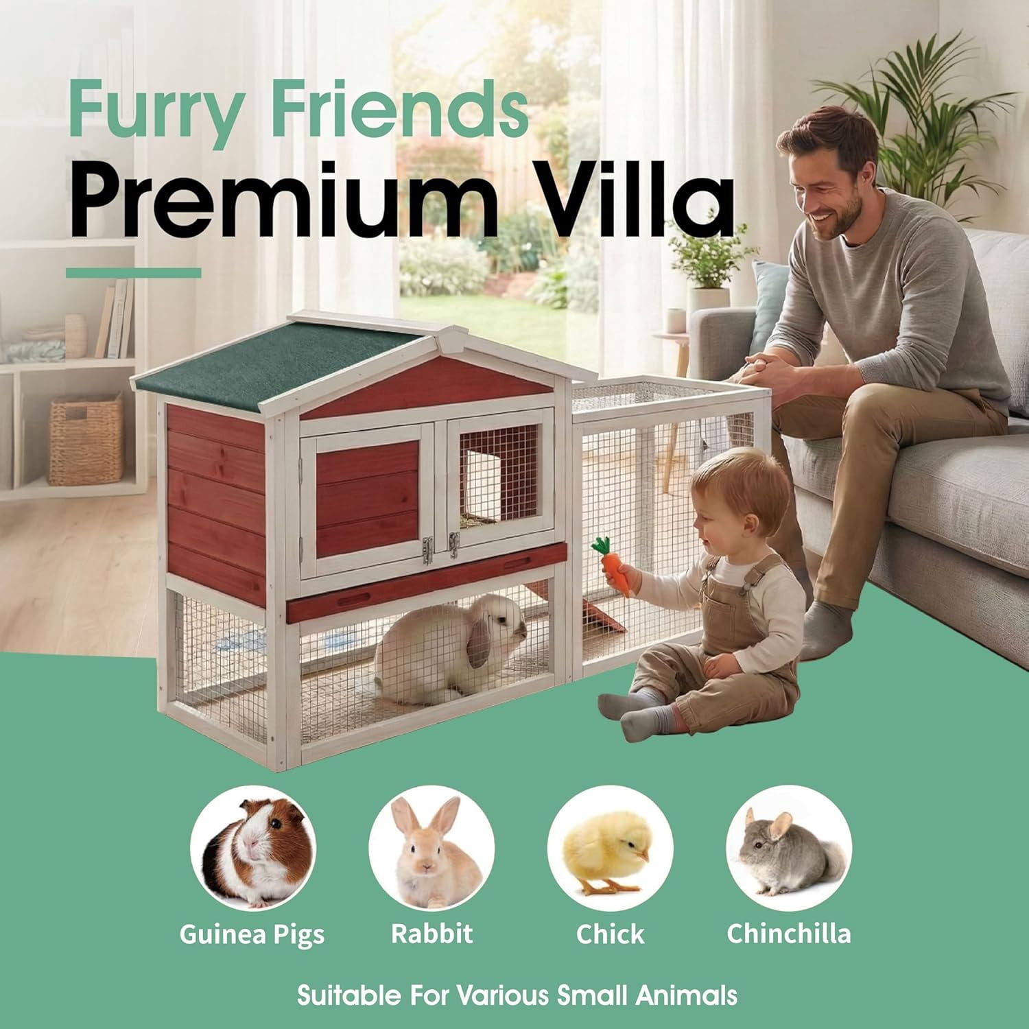 Wooden Rabbit Hutch Indoor and Outdoor, Large Rabbit Cage Chicken Coop Expandable, Weatherproof Bunny Cage with Anti-Chew Metal Frame Ramp for Backyard Small Animals Rufous, White