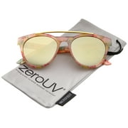 zeroUV Female Women's Floral Metal Brow Bar Colored Mirror Lens P3 Round Sunglasses 50mm (Pink-Floral / Gold Mirror) - 50mm