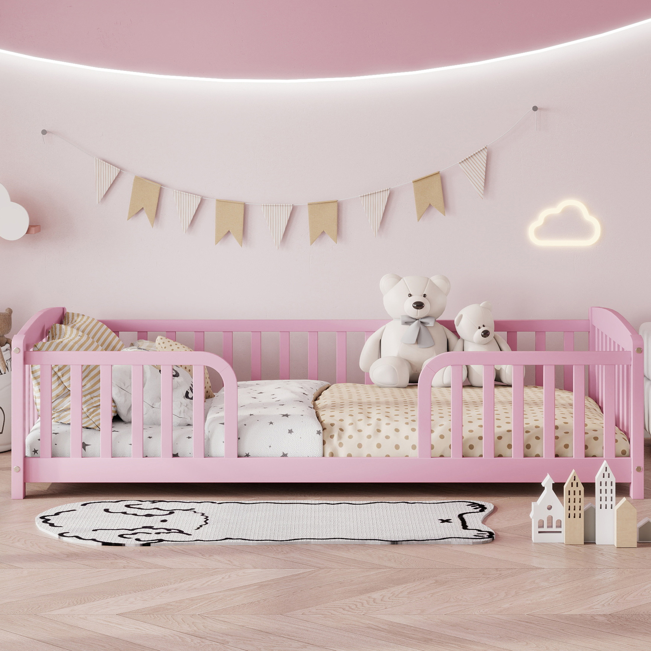 Noble House Norva Twin Size Floor Bed with Central Curved Entrance Guardrails, Pine Wood Bed Frame, Pink