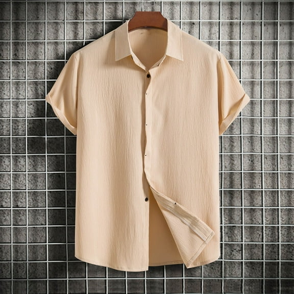 Alkepwun Linen Shirts for Men Casual Solid Color Short Sleeve Button Down Shirt Summer Beach Cotton Hawaiian Shirt on Clearance