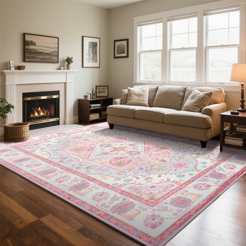 FULIE Bohemian Area Rug 4'x6'Rug Machine Washable for Living Room/Dining Room/Bedroom,Pink