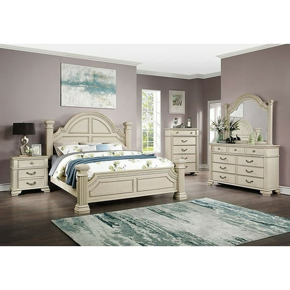 Formal Traditional Style 3pc Bedroom Set Solid Wood Antique White Eastern King Size Bed 2x Nightstand Furniture