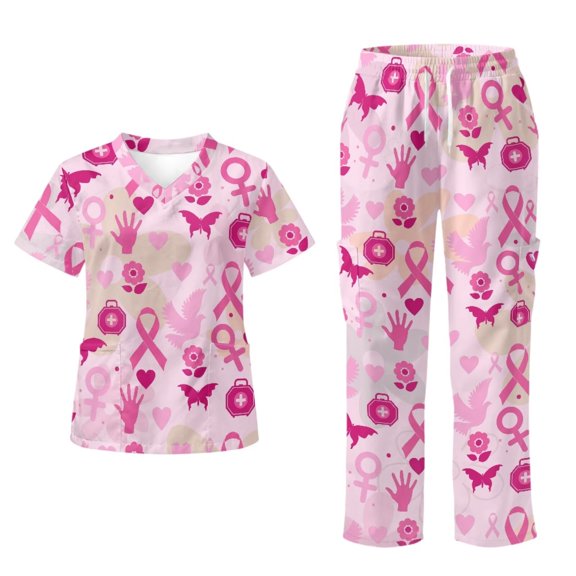 Yspwyqan Pink Breast Cancer Awareness Scrubs for Women Set, 2 Piece V-Neck Short Sleeve Scrubs Top & Cargo Pants, Stretchy Breathable Uniforms with 6 Pockets for Nurse, Size S