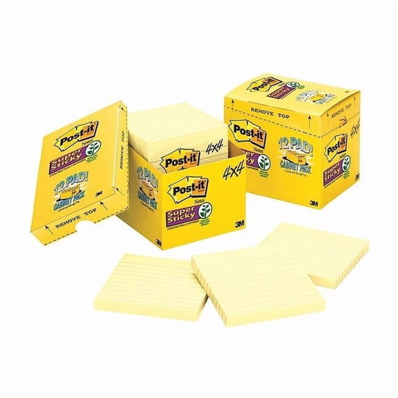 Post-it Super Sticky Lined Notes, 4" x 4", Canary Yellow, 12 Pads