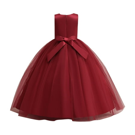 

PEASKJP Prom Dresses for Girls Girls Toddler Sleeveless Embroidered Bowknot Chiffon A-Line Pageant Dress Red 8-9 Years