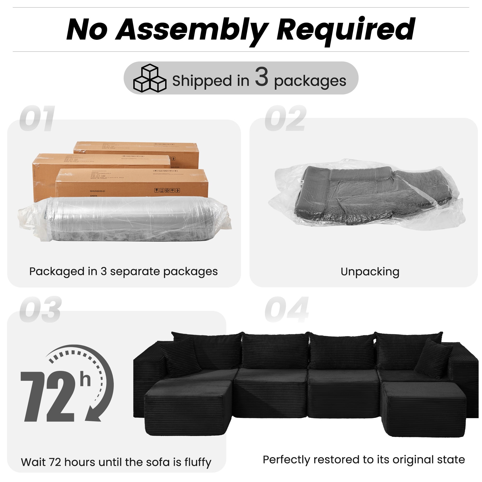 Vicluke 131" Cloud Couch Sectional, U Shaped Modern Sofa with 2 Ottomans, Comfy Corduroy Fabric Modular Sectional Sofa in a Box, Boneless Couches for Living Room, No Assembly Required (Black)