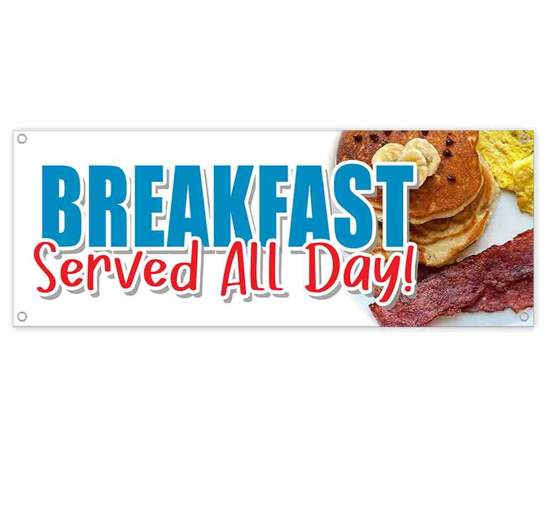 Heavy-Duty Vinyl Single-Sided with Metal Grommets Non-Fabric Now Serving Breakfast 13 oz Banner