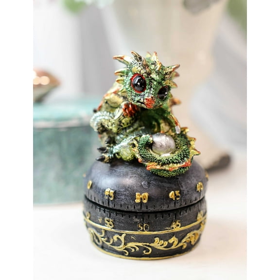 Green Baby Wyrmling Dragon Holding Egg Decorative Kitchen Timer Figurine 60 Min