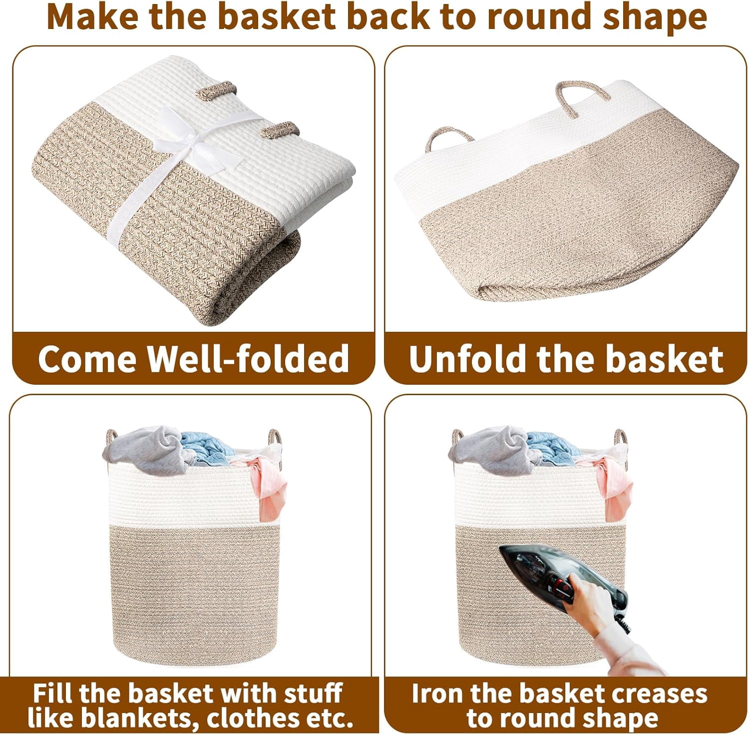 Laundry Basket Large Woven Rope Laundry Hamper 60L Foldable Tall Storage Basket with Handle for Decor Storage of Dirty Clothes Toys and Blankets in Bathroom Bedroom Living Room White & Brown