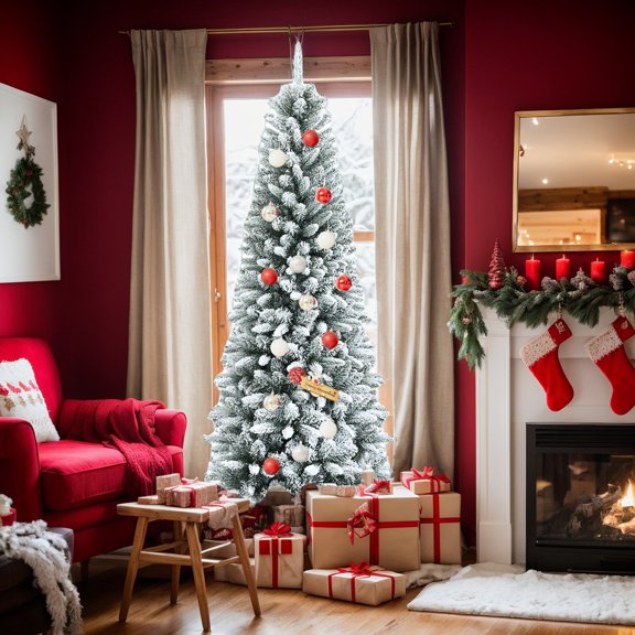 GVN Christmas Tree,Tree Christmas,Xmas Tree,Snow-Flocked Hinged Artificial Christmas Pencil Tree with Mixed Tips-6.5 ft