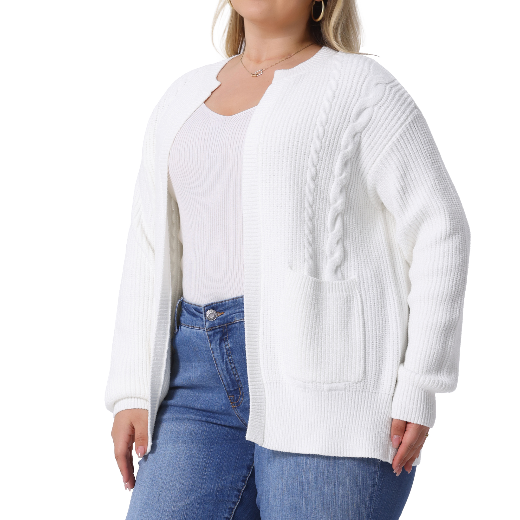 DARING DIVA Women's Plus Long Sleeve Crew Neck Knit Cardigans 1X White