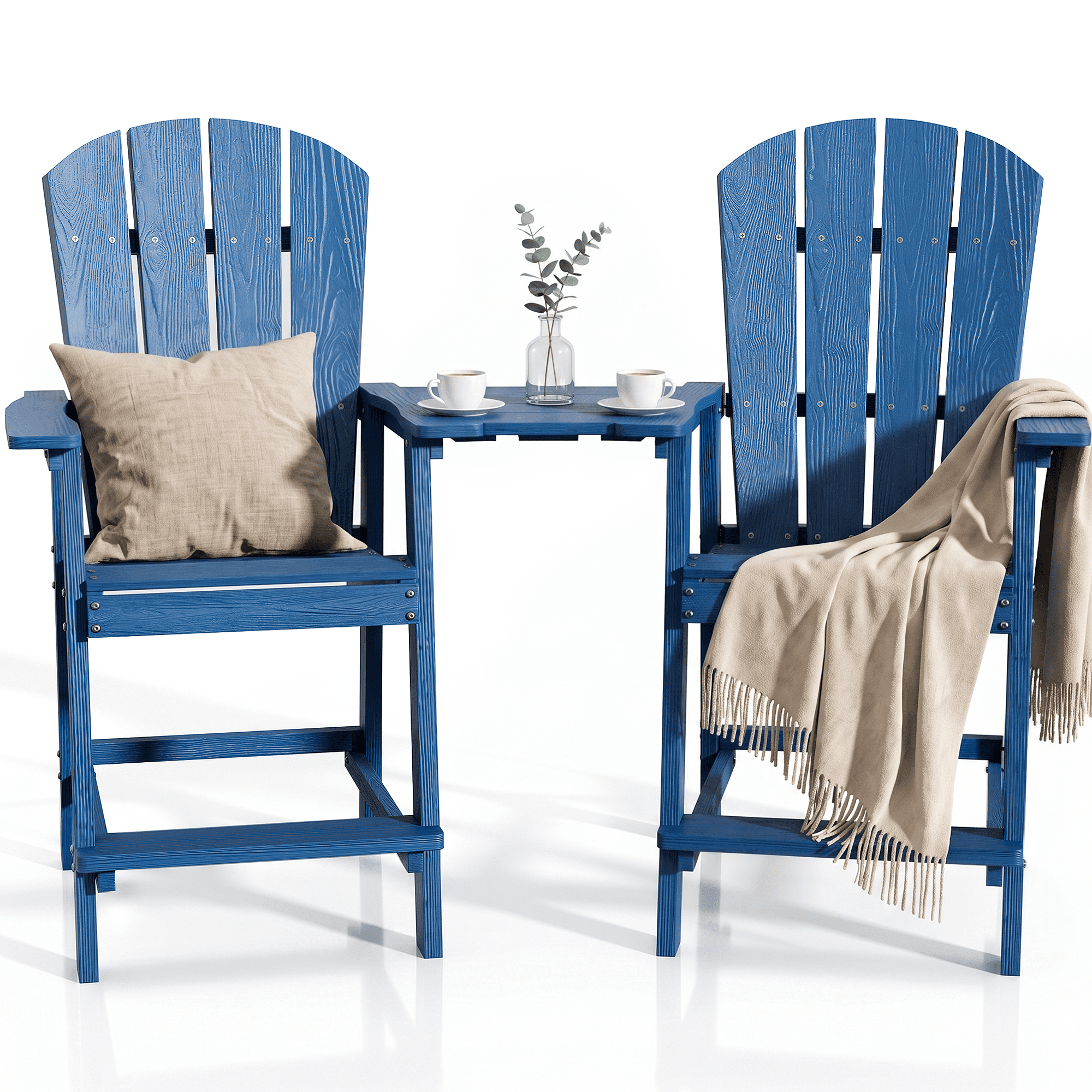 2-Piece Outdoor Adirondack Chair With Table, High Adirondack Chairs with Removable Trays, All Weather Outdoor Adirondack Barstools for Patio, Balcony, Backyard, Deck and Garden