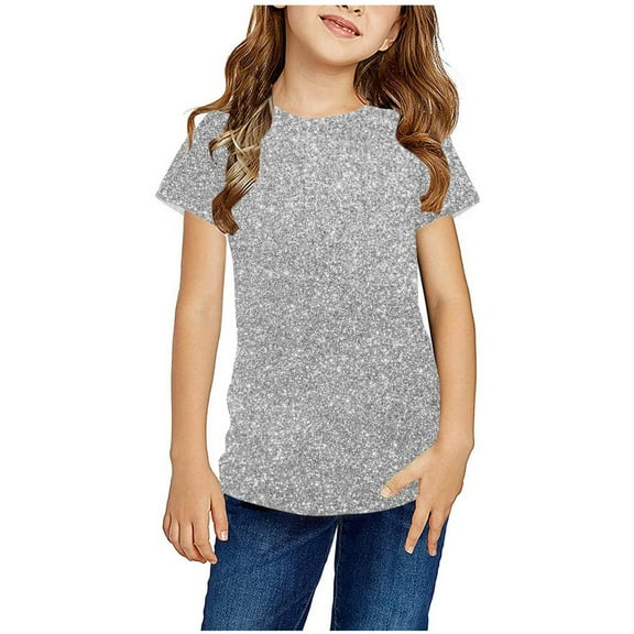 Zwiiyzr 2024 Toddler Tops Short Sleeve Round Neck Pullover Top Plus Size Loose Blouses Casual Summer Satin Graphic Tee Shirts Silver-5-6 Years