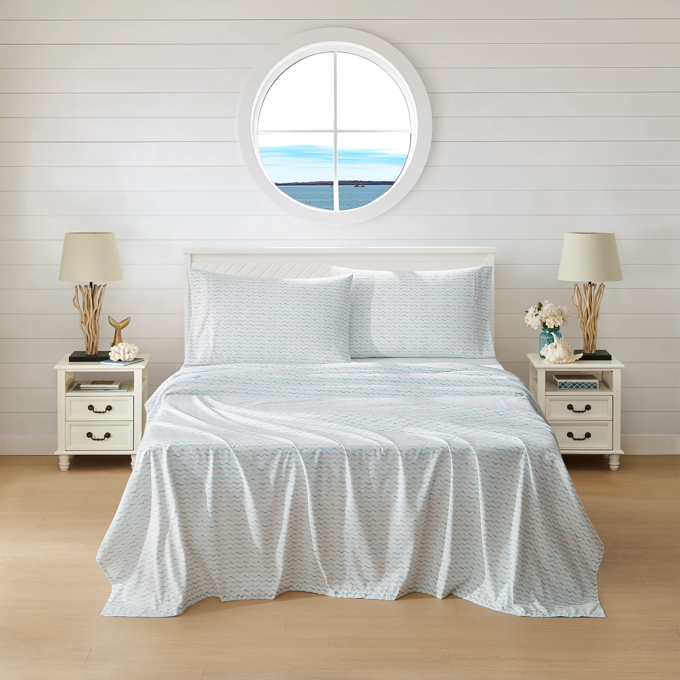 Coastal Living 4-Piece Blue Chevron Soft Brushed Microfiber Luxury Cooling Sheet Set, Queen