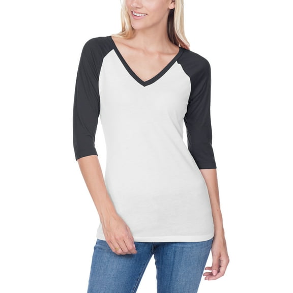 Kavio! Junior Sheer Jersey Contrast V Neck Raglan 3/4 Sleeve White/Black M